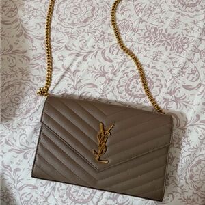 Yves Saint Laurent Taupe Quilted Crossbody with Gold Chain
